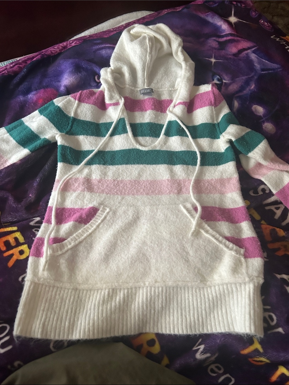 dELiA*s White Hooded Pullover with Pink & Teal Stripes